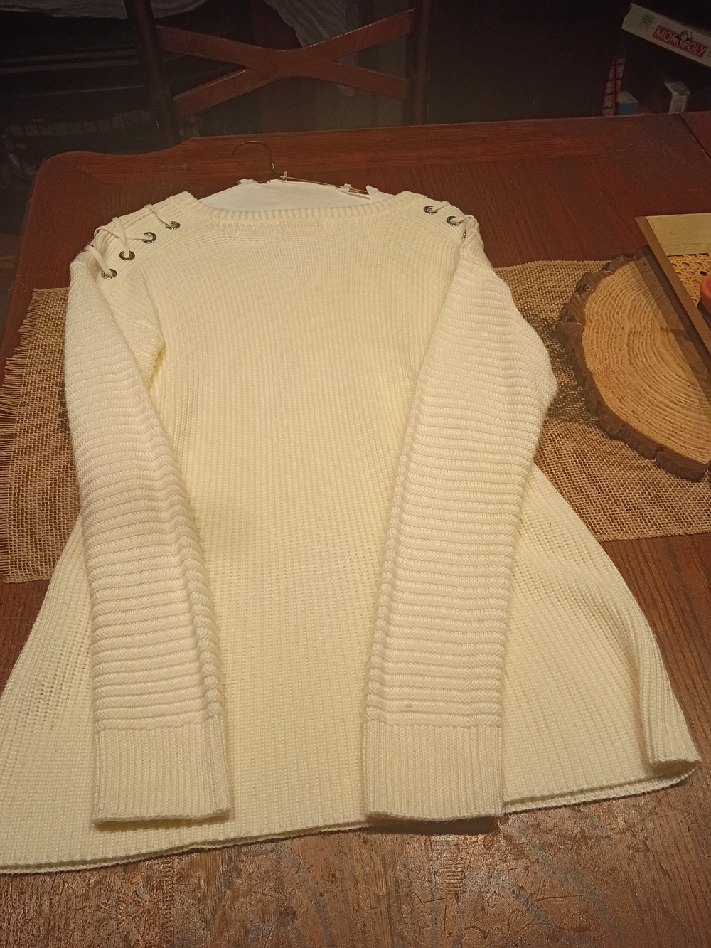 Calvin Klein Cream Ribbed Crewneck Sweater with Shoulder Eyelets